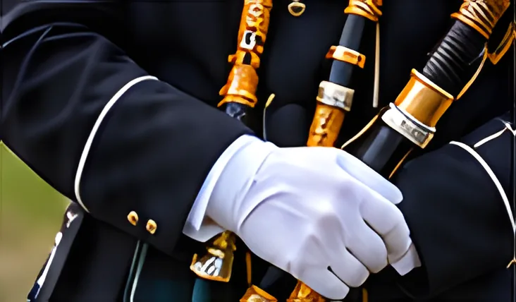 Close-up of a piper’s white-gloved hand resting on the bagpipe drones