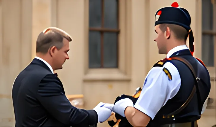 A funeral director in a dark suit shakes hands with a uniformed piper