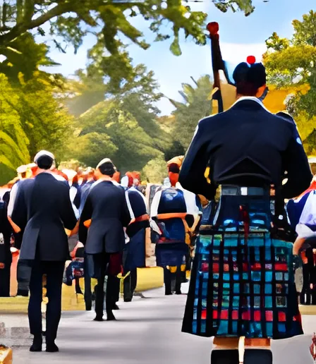 A piper leads a procession of mourners along a tree-lined path