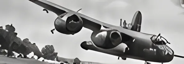 Black-and-white photograph of a wartime bomber flying low over an airfield