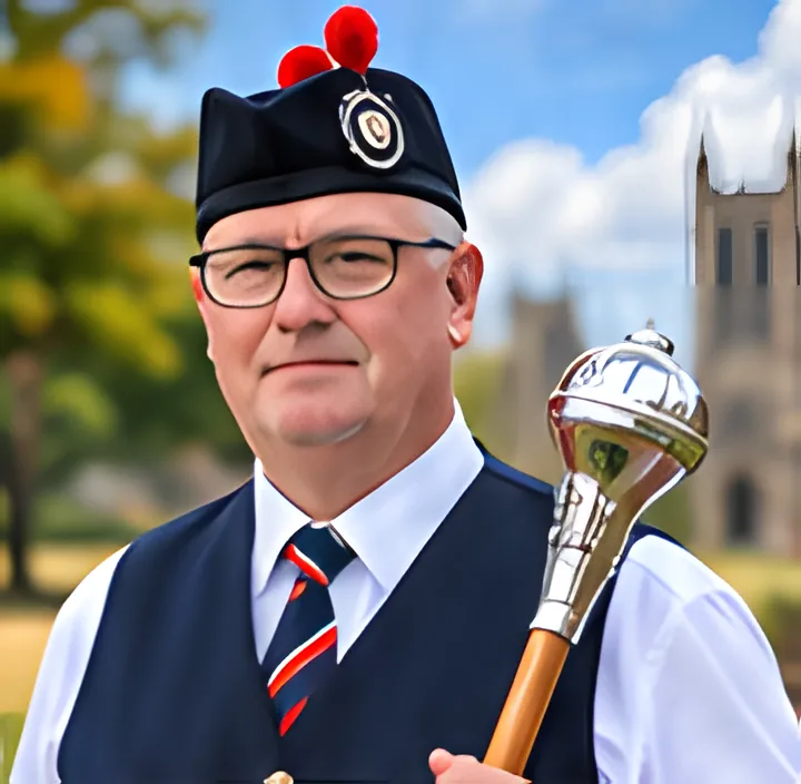 Paul Pearson, co-founder and chairperson, in pipe band uniform holding a drum major’s mace