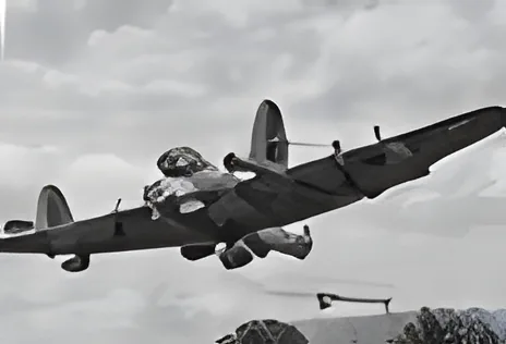 Black-and-white photograph of a Lancaster bomber in flight