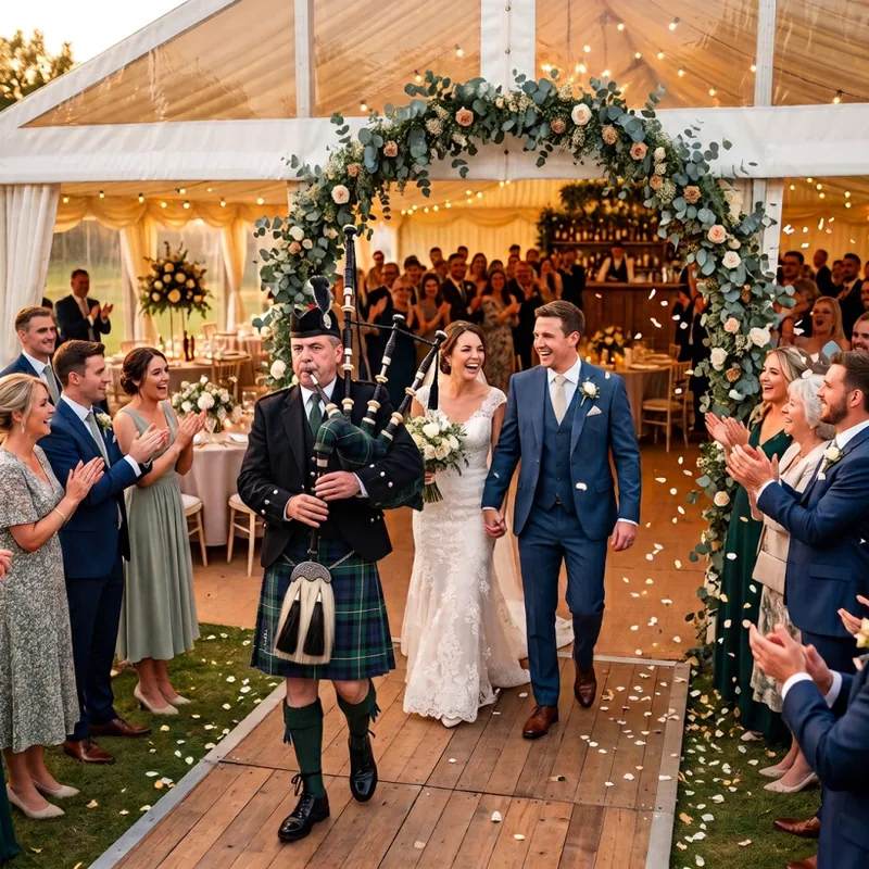 A piper leading a bride and groom through a flower arch at a wedding reception