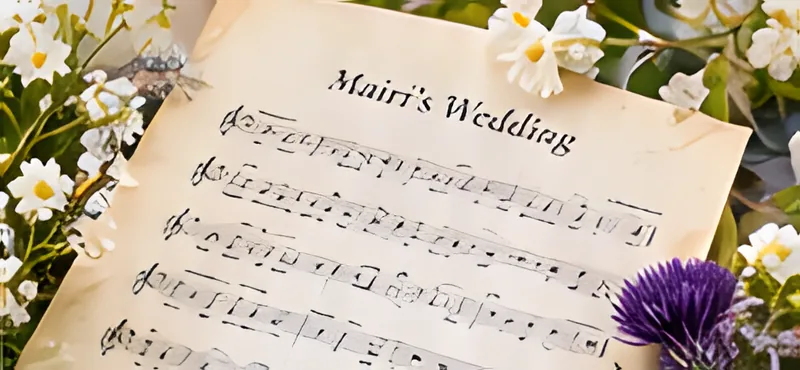 Sheet music for Mairi’s Wedding laid among white daisies and a purple thistle